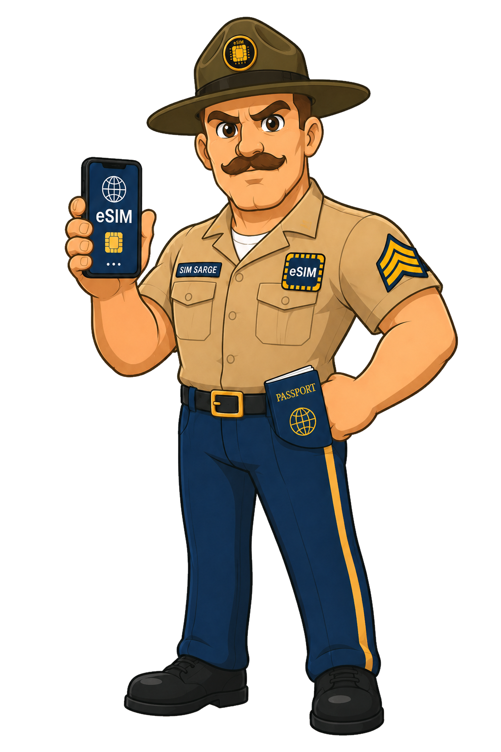 SIM Sarge holding a phone with an eSIM