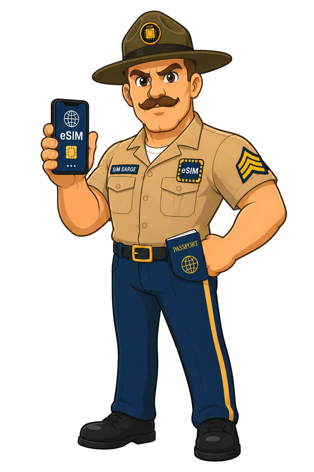 SIM Sarge holding a phone with an eSIM