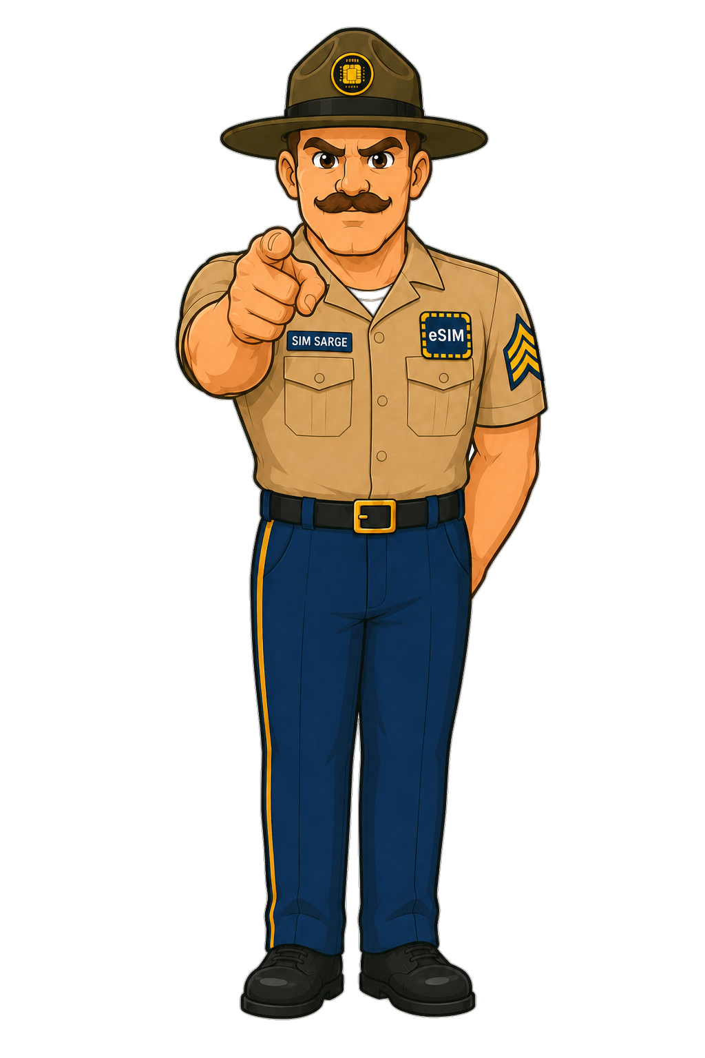 SIM Sarge mascot pointing forward